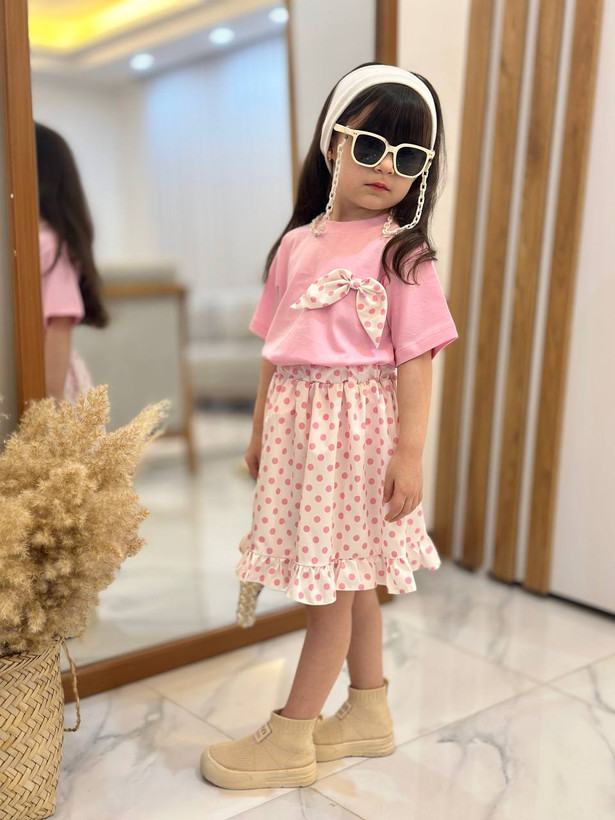 ست تیشرت و دامن خالخالی دخترانه ی پنبه و بوگاتی